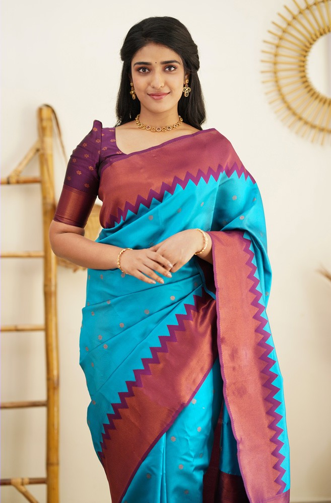 Serene Firozi Color Soft Lichi Silk Saree With Blouse Piece