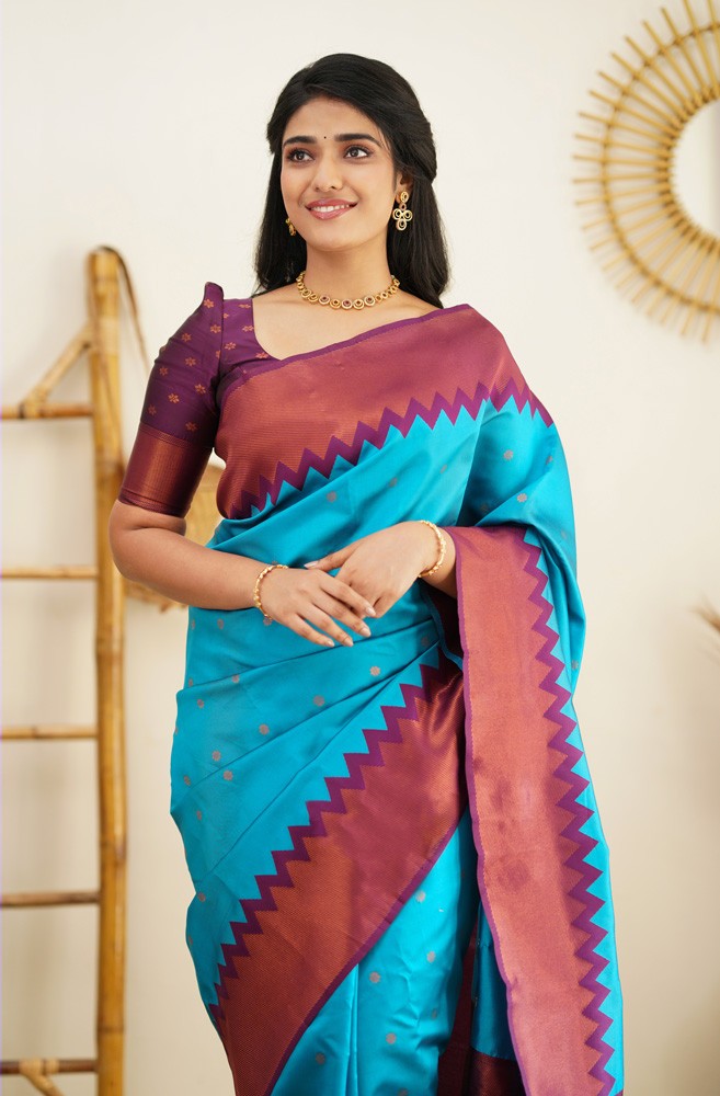 Serene Firozi Color Soft Lichi Silk Saree With Blouse Piece