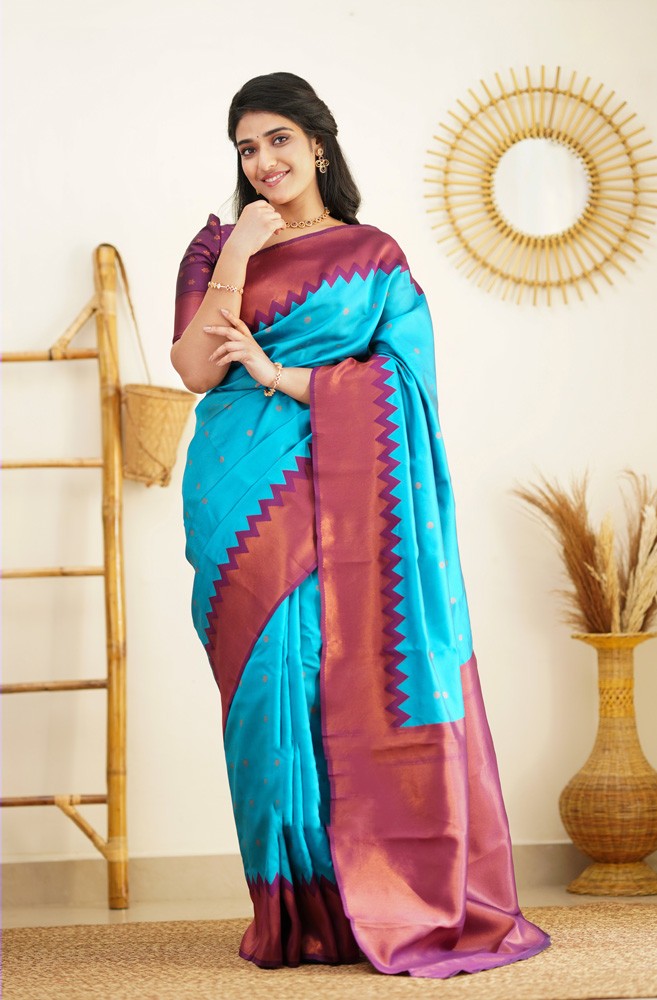 Serene Firozi Color Soft Lichi Silk Saree With Blouse Piece