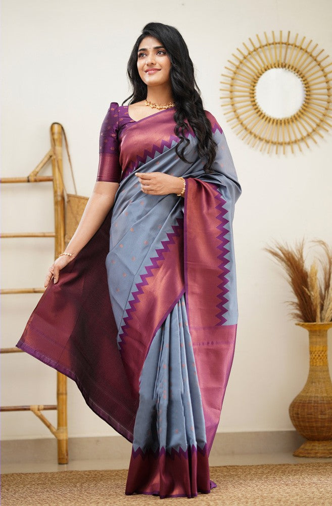 Entrancing Grey Color Soft Lichi Silk Saree With Blouse Piece