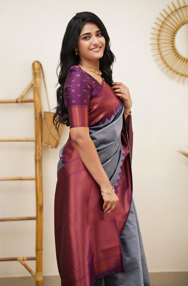 Entrancing Grey Color Soft Lichi Silk Saree With Blouse Piece