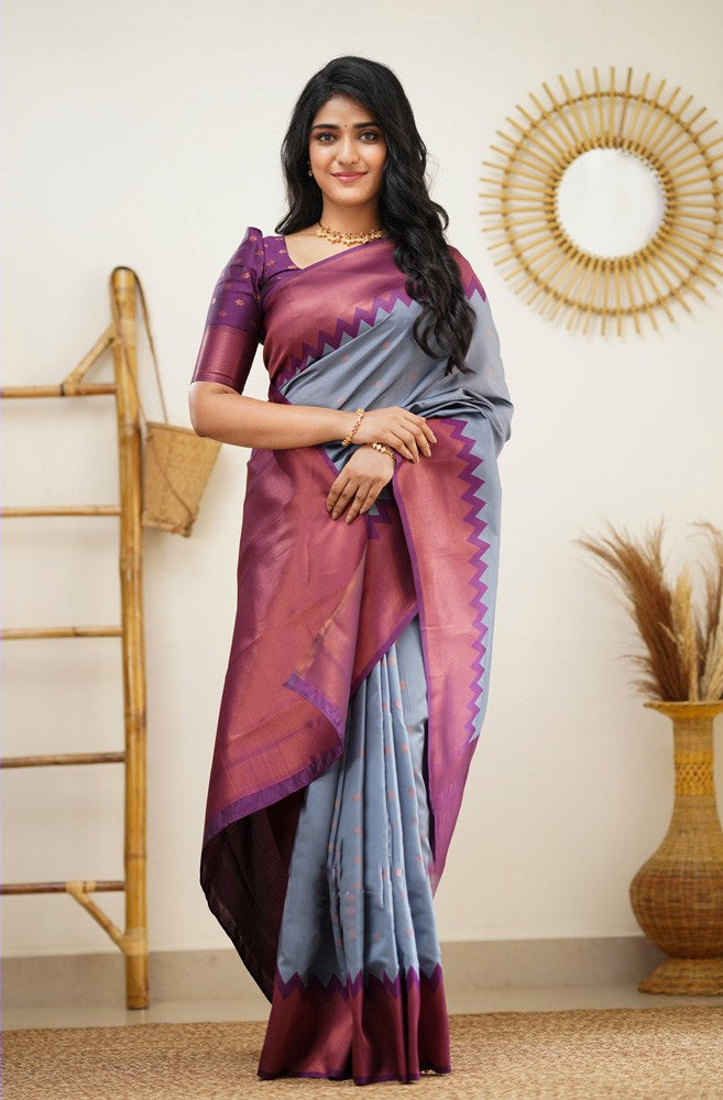 Entrancing Grey Color Soft Lichi Silk Saree With Blouse Piece