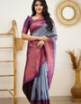 Entrancing Grey Color Soft Lichi Silk Saree With Blouse Piece