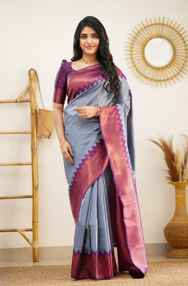 Entrancing Grey Color Soft Lichi Silk Saree With Blouse Piece