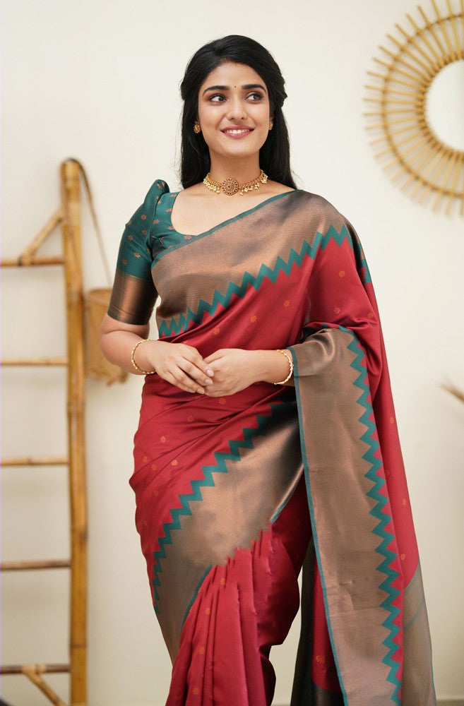 Dynamic Maroon Color Soft Lichi Silk Saree With Blouse Piece