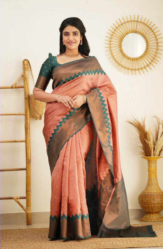 Radiating Peach Color Soft Lichi Silk Saree With Blouse Piece