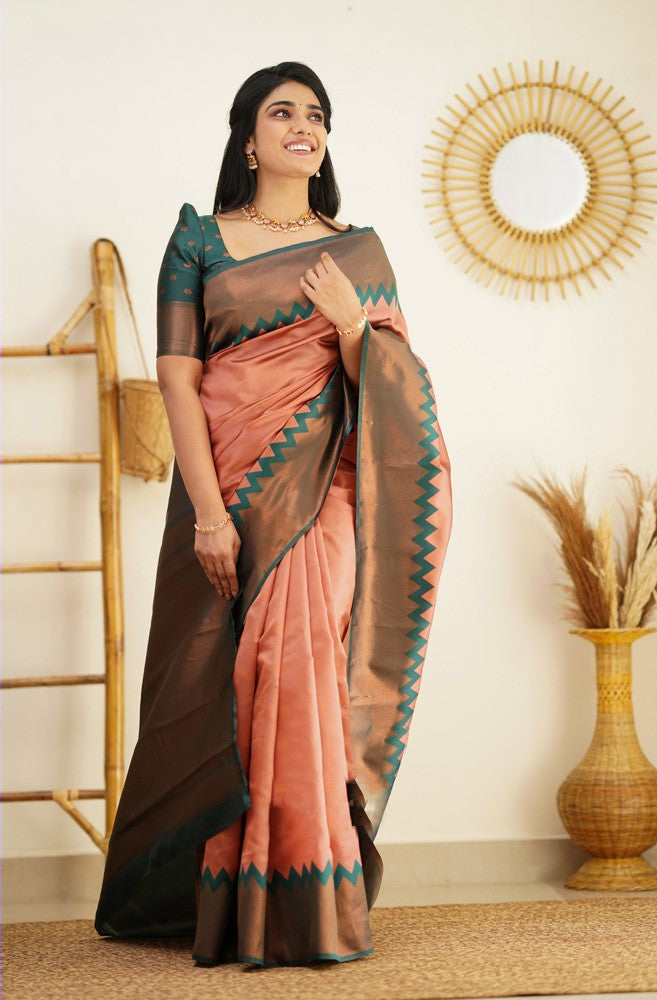 Radiating Peach Color Soft Lichi Silk Saree With Blouse Piece