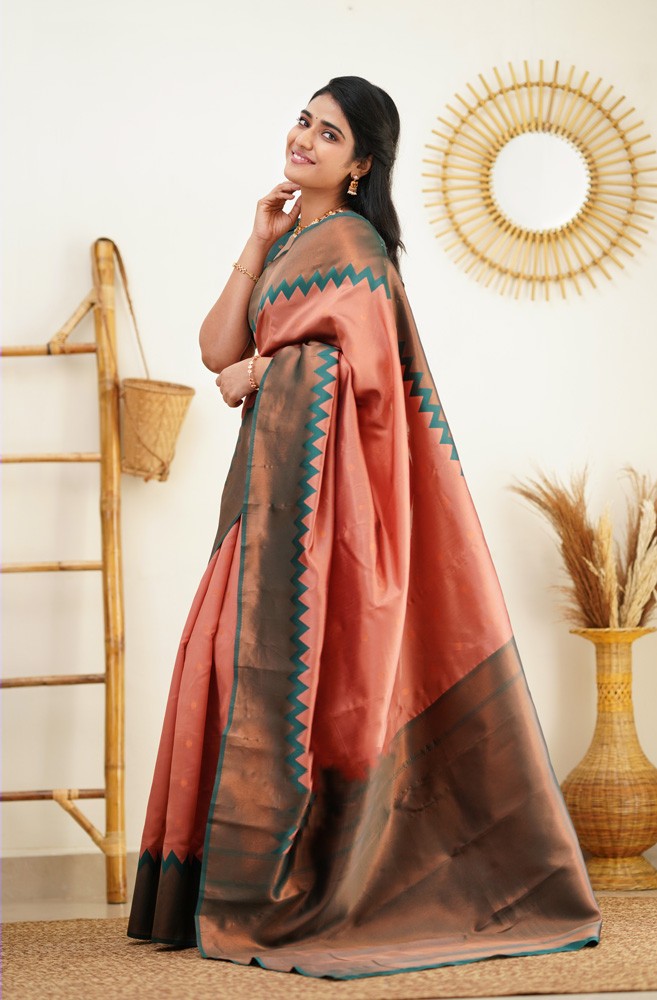 Radiating Peach Color Soft Lichi Silk Saree With Blouse Piece