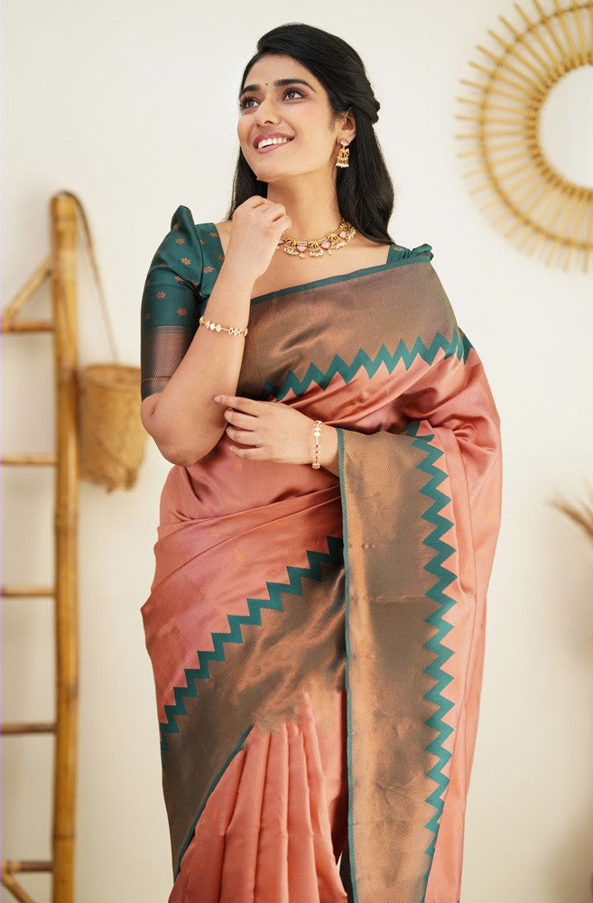 Radiating Peach Color Soft Lichi Silk Saree With Blouse Piece