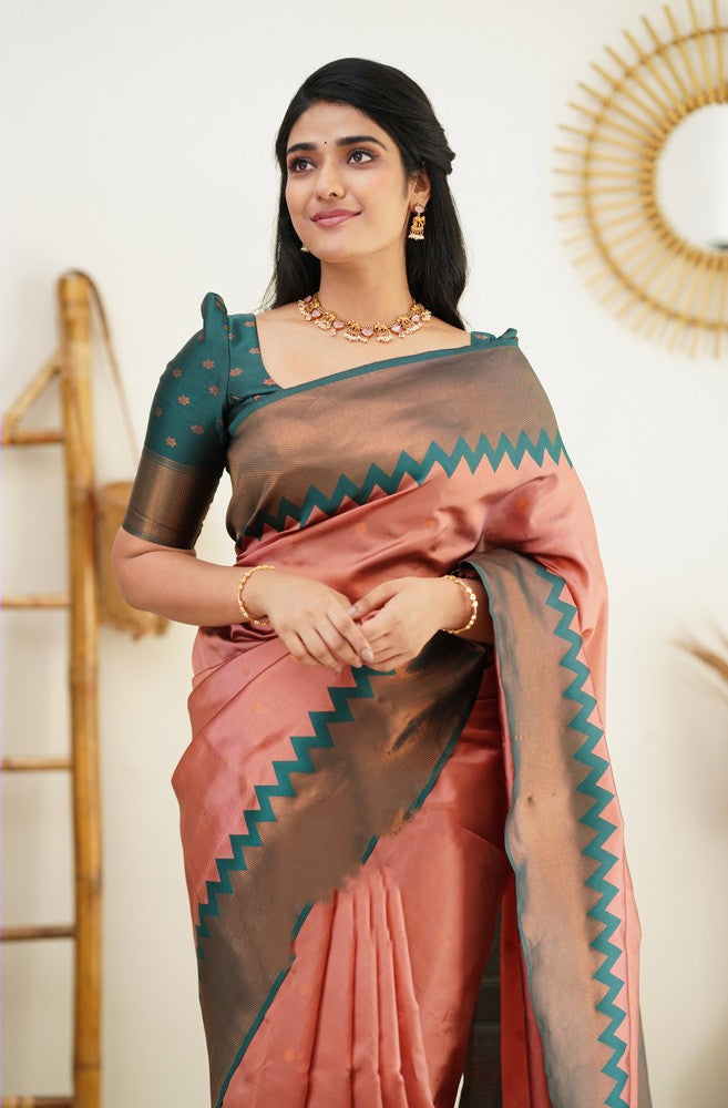 Radiating Peach Color Soft Lichi Silk Saree With Blouse Piece