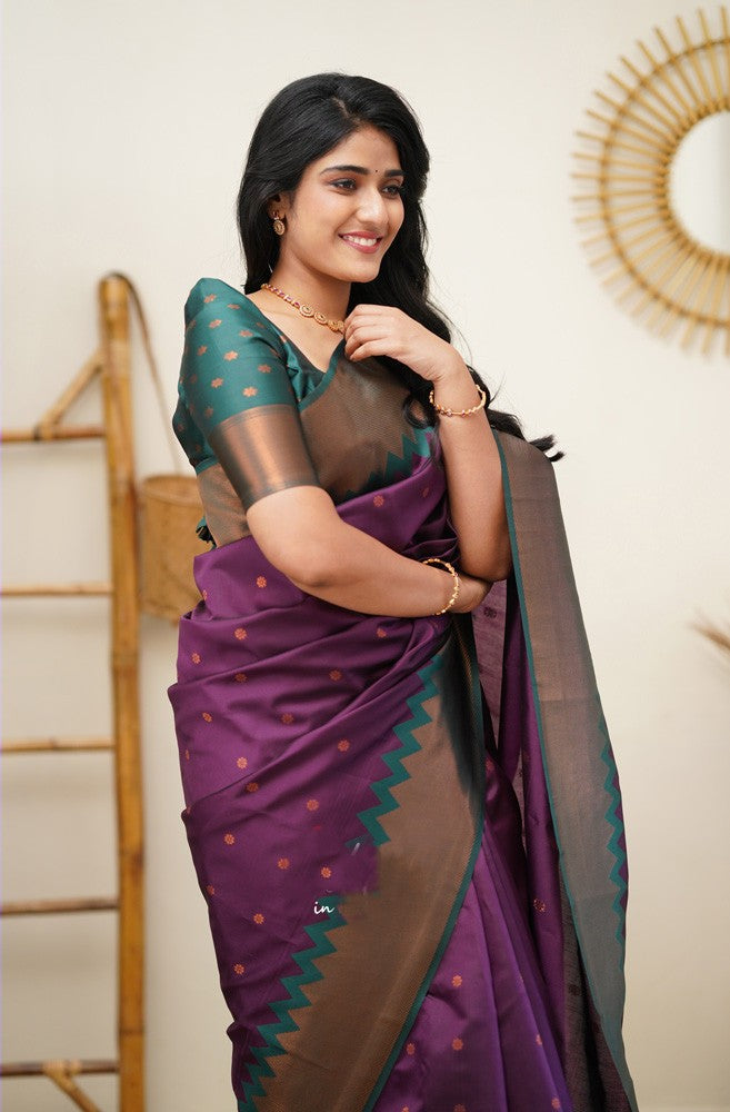 Efflugent Purple Color Soft Lichi Silk Saree With Blouse Piece