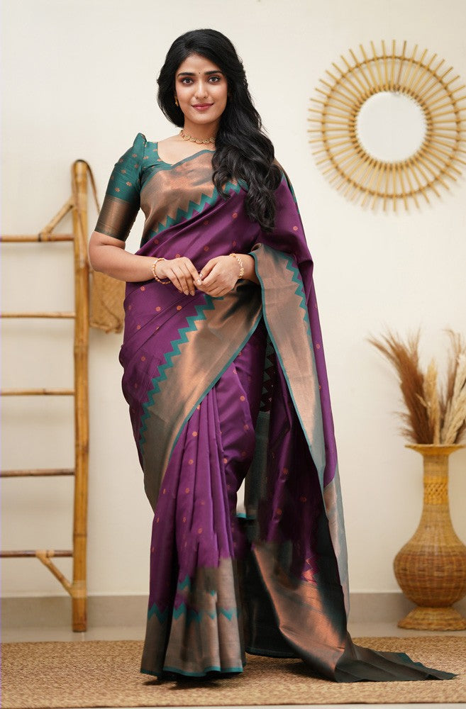 Efflugent Purple Color Soft Lichi Silk Saree With Blouse Piece