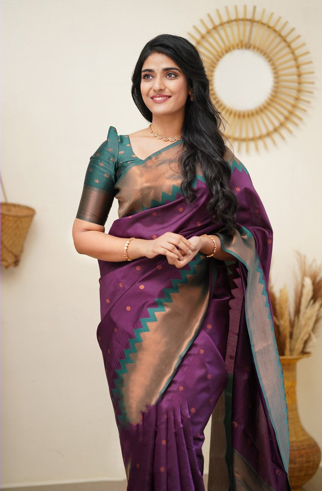 Efflugent Purple Color Soft Lichi Silk Saree With Blouse Piece