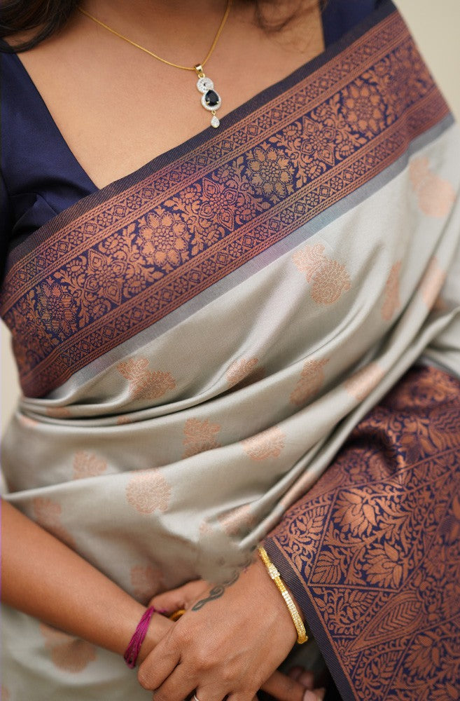 Flashy Beige Color Banarasi Soft Silk Saree With Blouse Piece