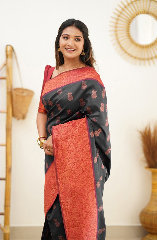 Ethereal Black Color Banarasi Soft Silk Saree With Blouse Piece