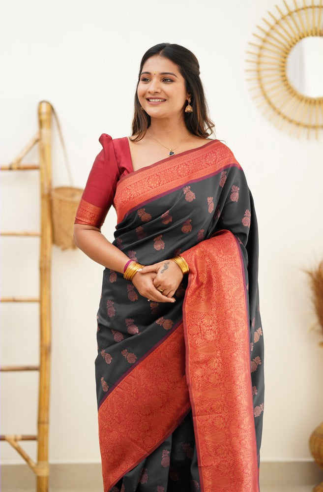 Ethereal Black Color Banarasi Soft Silk Saree With Blouse Piece