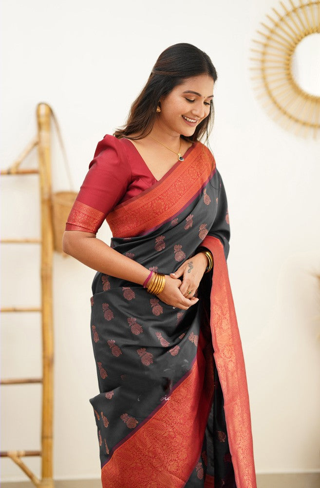 Ethereal Black Color Banarasi Soft Silk Saree With Blouse Piece