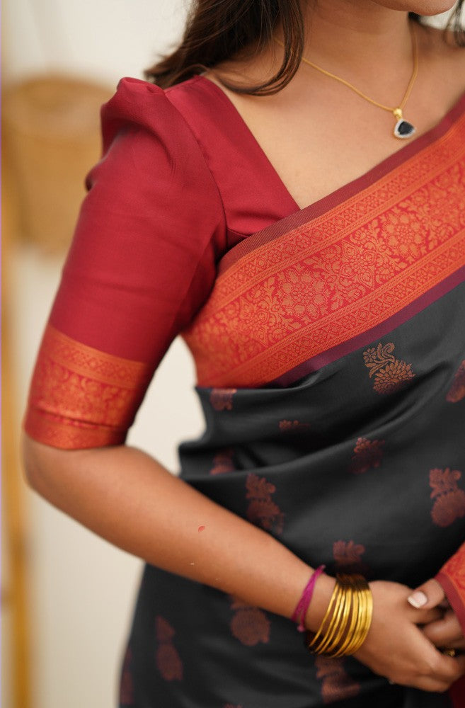 Ethereal Black Color Banarasi Soft Silk Saree With Blouse Piece