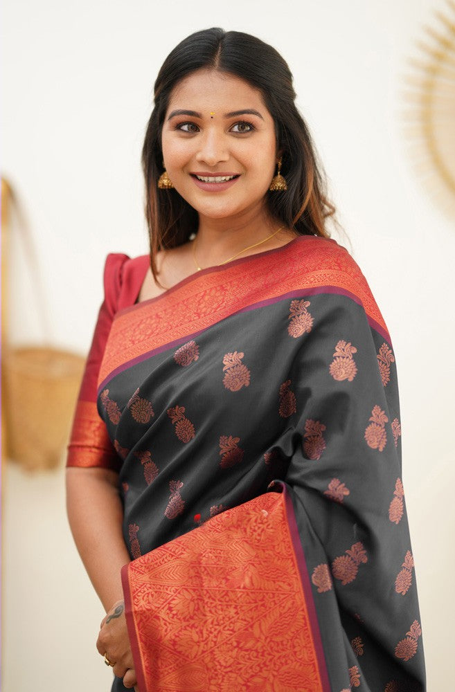 Ethereal Black Color Banarasi Soft Silk Saree With Blouse Piece