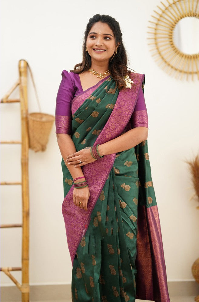 Breathtaking Green Color Banarasi Soft Silk Saree With Blouse Piece