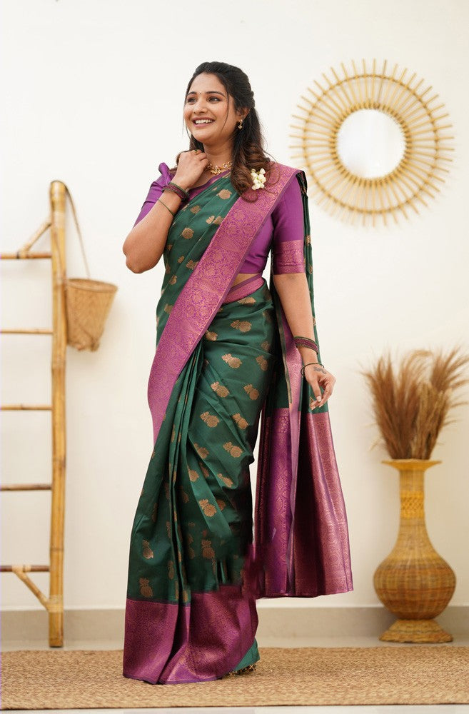 Breathtaking Green Color Banarasi Soft Silk Saree With Blouse Piece