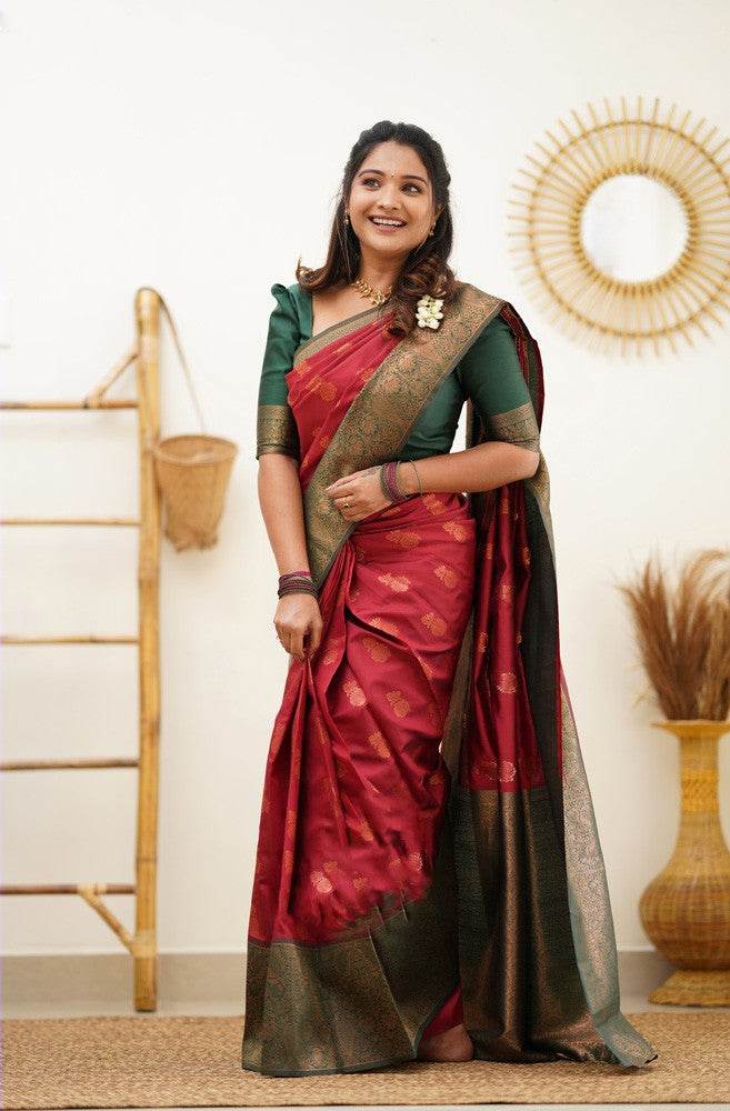 Angelical Maroon Color Banarasi Soft Silk Saree With Blouse Piece