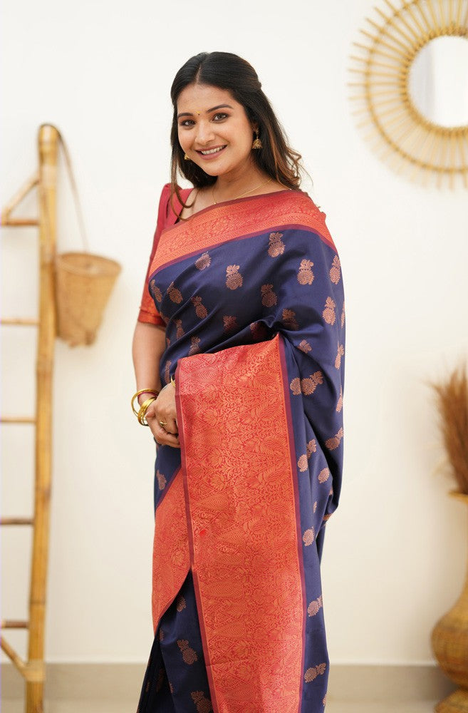 Lustrous Navy Blue Color Banarasi Soft Silk Saree With Blouse Piece