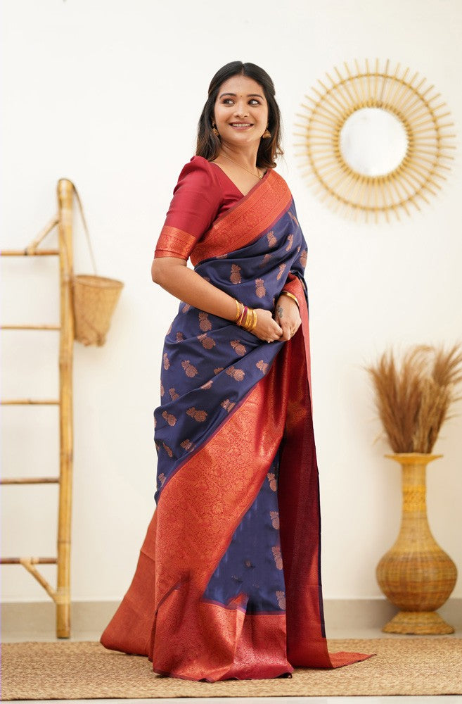 Lustrous Navy Blue Color Banarasi Soft Silk Saree With Blouse Piece