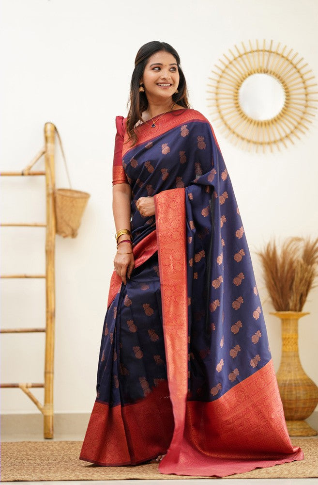 Lustrous Navy Blue Color Banarasi Soft Silk Saree With Blouse Piece