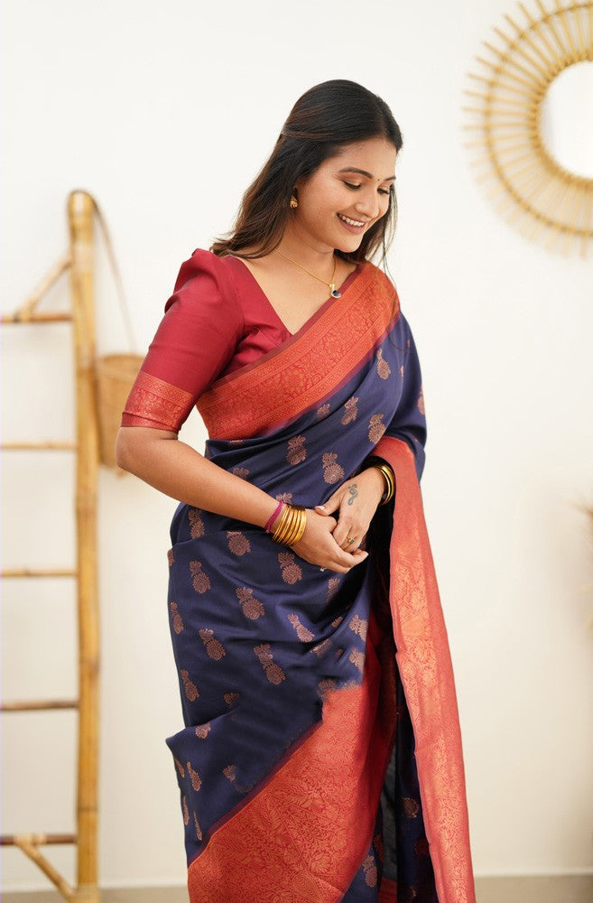 Lustrous Navy Blue Color Banarasi Soft Silk Saree With Blouse Piece