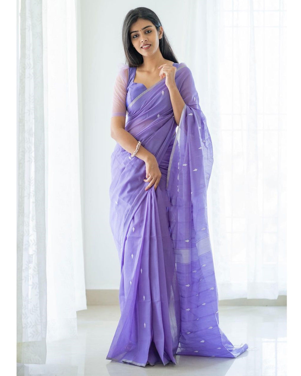 Stylish Lavender Color Cotton Linen Silk Saree With Blouse Piece