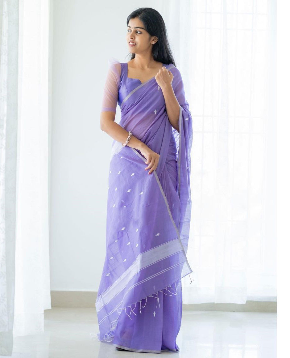 Stylish Lavender Color Cotton Linen Silk Saree With Blouse Piece