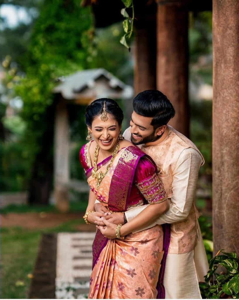 peach color banarasi saree