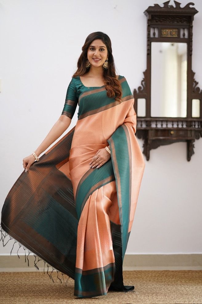 peach color silk saree with green blouse