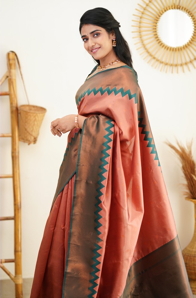 peach colour silk saree with green blouse