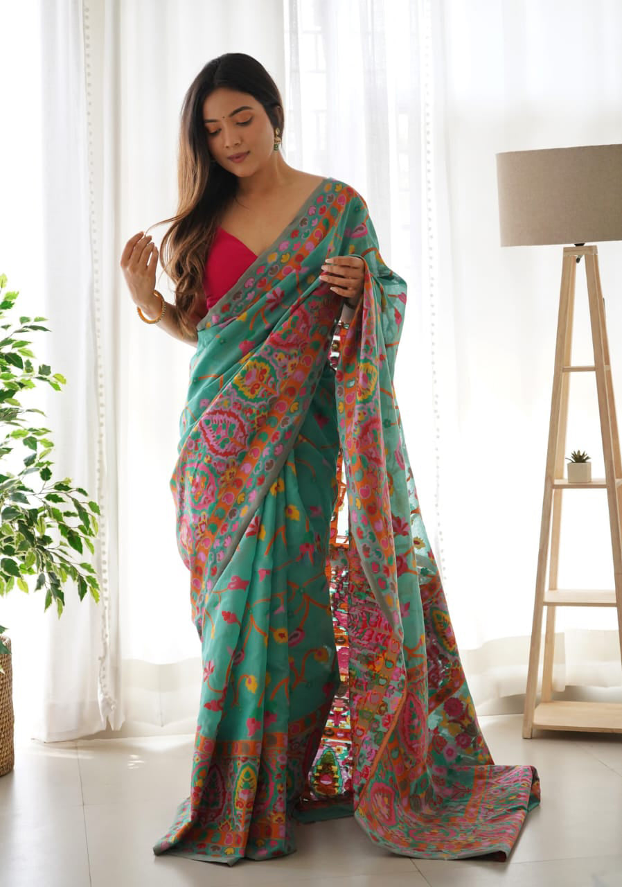 rama green saree with pink blouse