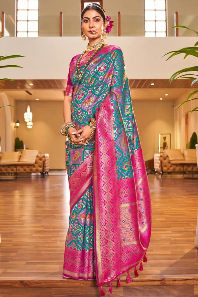 turquoise blue saree with pink blouse