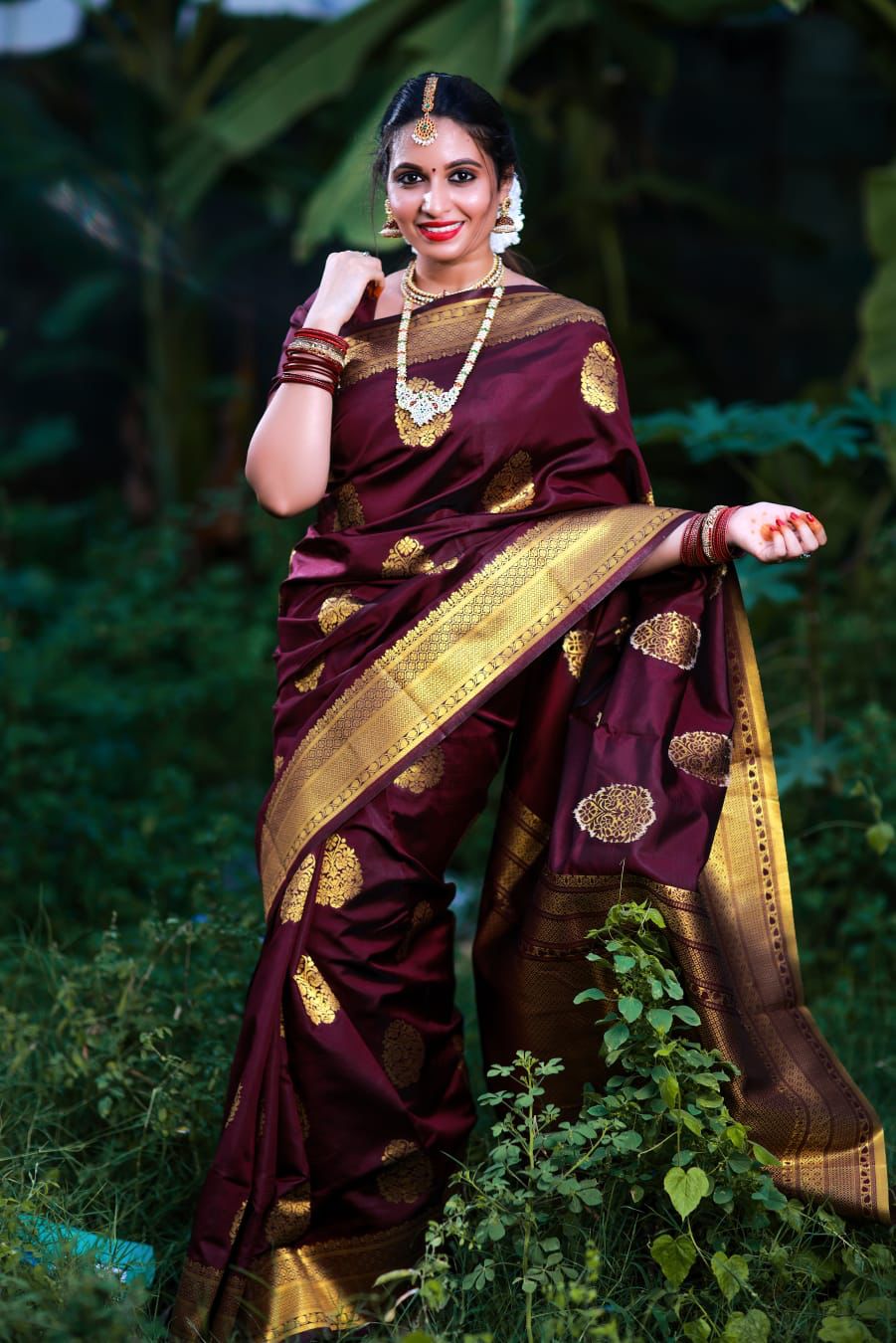 wine colour banarasi saree 
