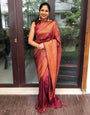 Splendid Wine Color Banarasi Soft Silk Saree With Blouse Piece